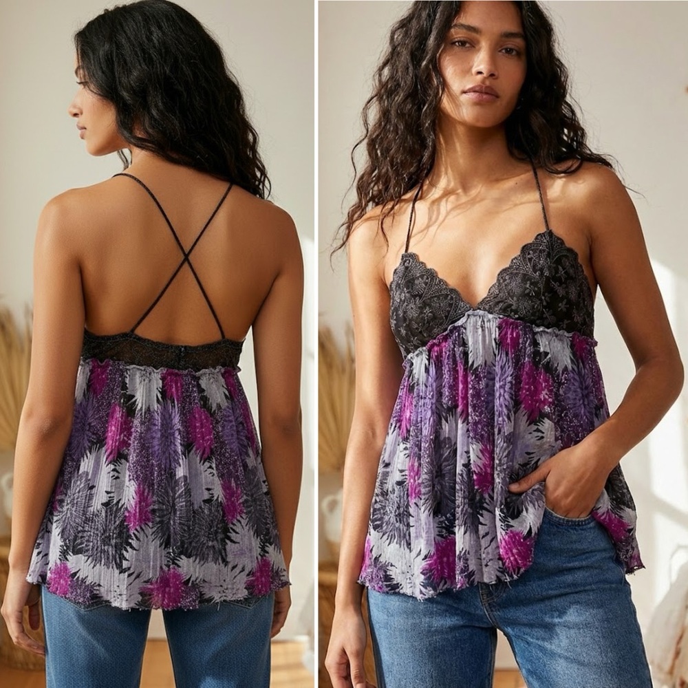 RARE ⚡️ VINTAGE FIND 2008 NWOT NEW FREE PEOPLE FLORAL HALTER TOP MEDIUM PURPLE